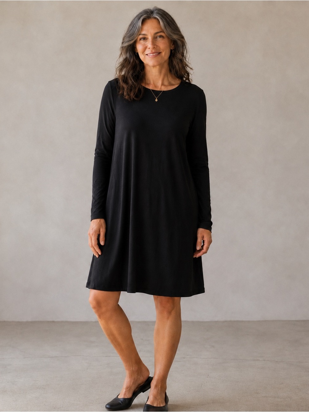 Eileen Fisher Black Viscose Jersey Long Sleeve Swing Shift Dress L